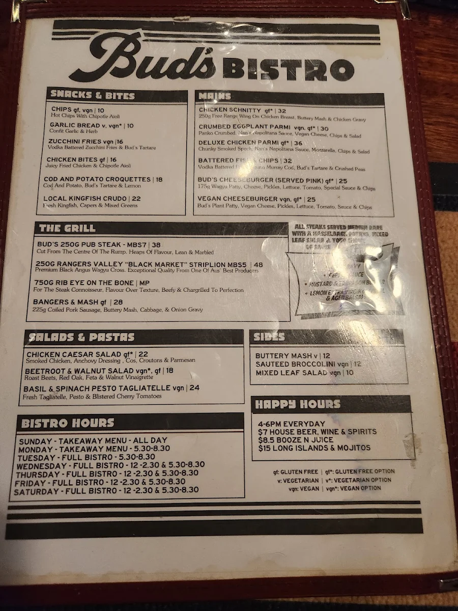 Menu, Bud's Tavern
