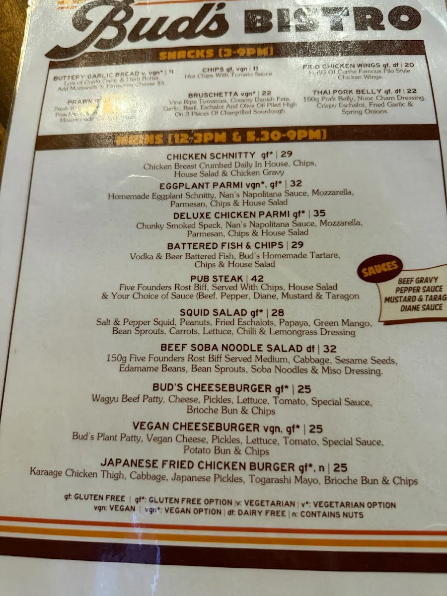 Menu, Bud's Tavern