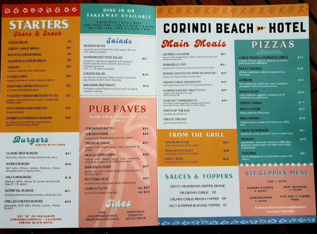 Menu, Corindi Beach Hotel