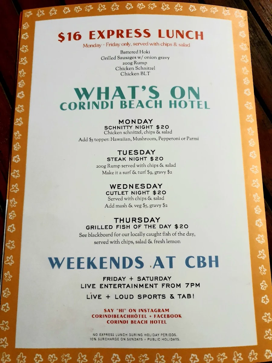 Menu, Corindi Beach Hotel