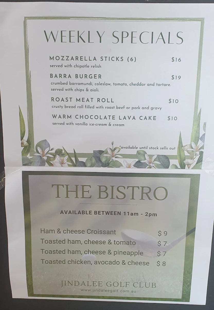 Menu, THE BISTRO @ JINDALEE GOLF CLUB