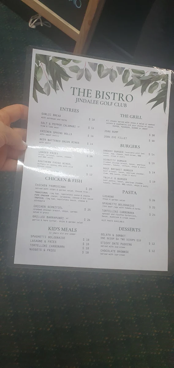 Menu, THE BISTRO @ JINDALEE GOLF CLUB