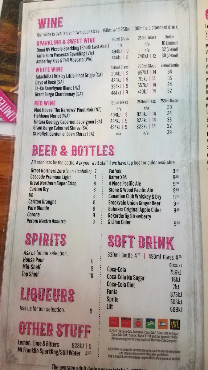 Menu, Hog's Breath Cafe Mackay