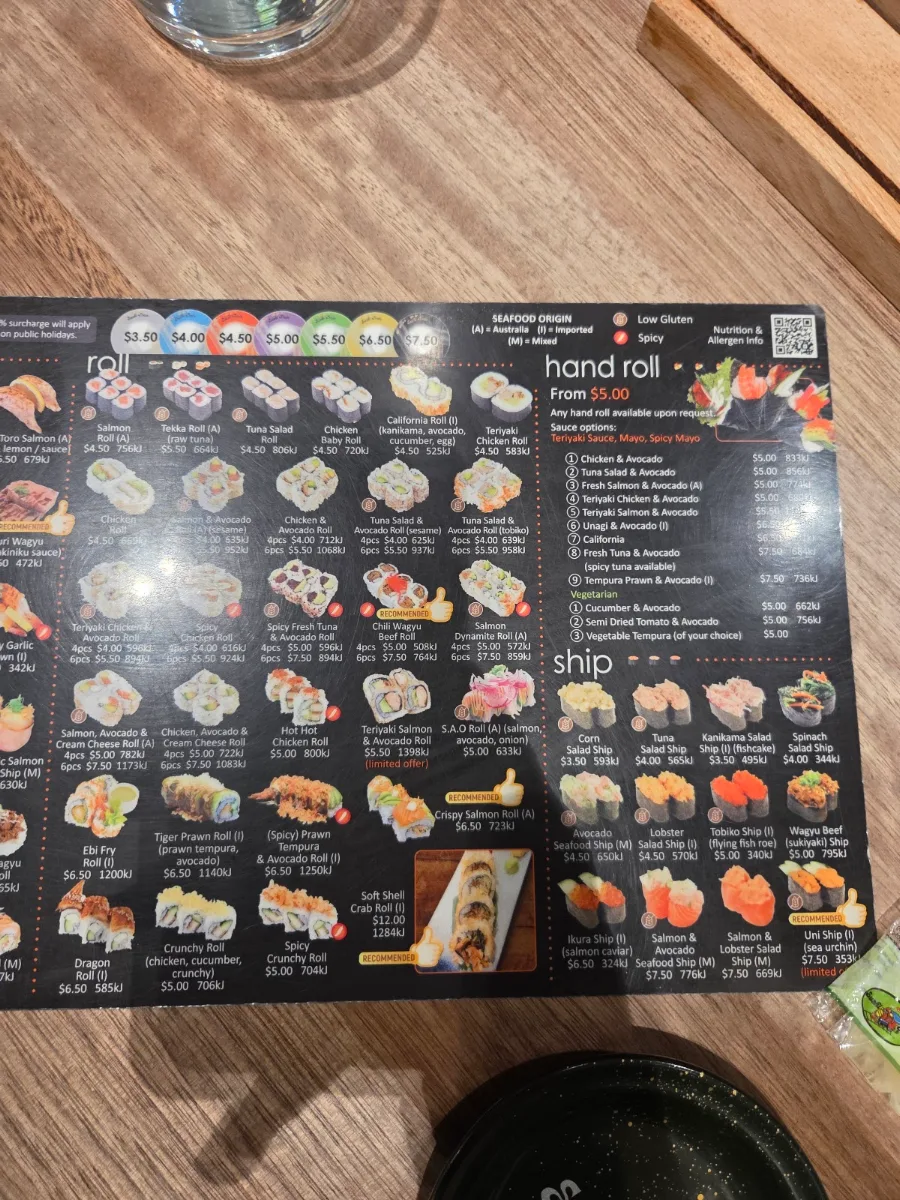 Menu, Sushi Train Marrickville