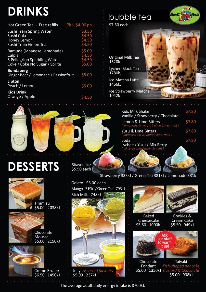 Menu, Sushi Train Marrickville