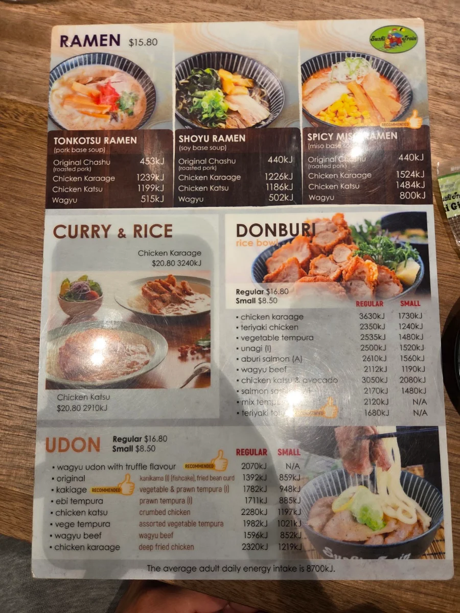 Menu, Sushi Train Marrickville