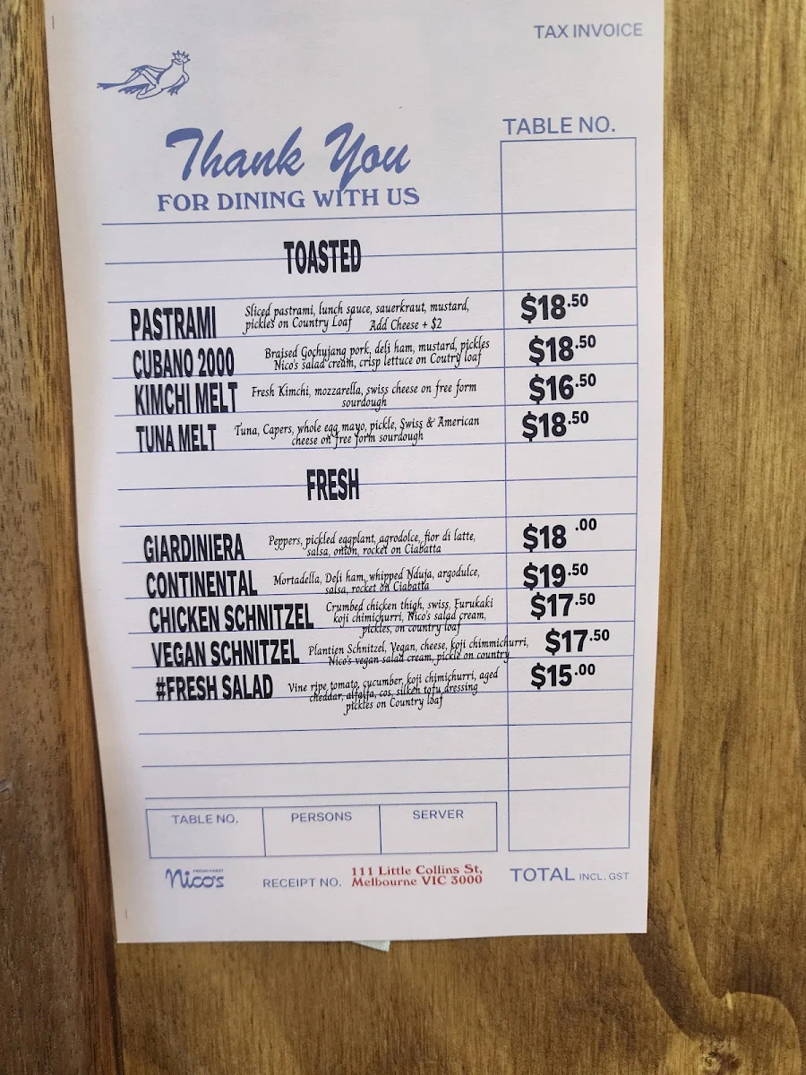 Menu, Nico's Sandwich Deli (Stamford Hotel)