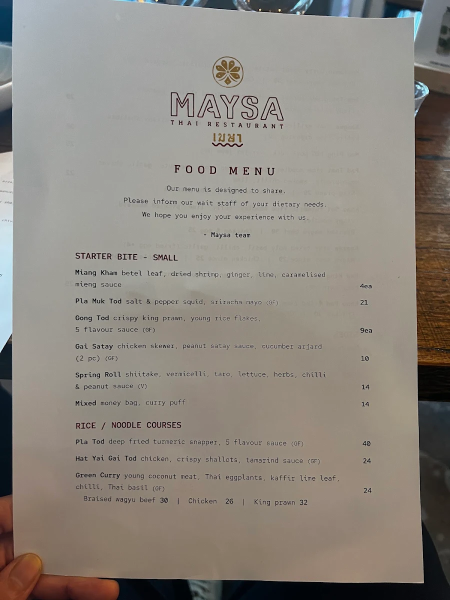 Menu, Maysa Thai Wolli Creek