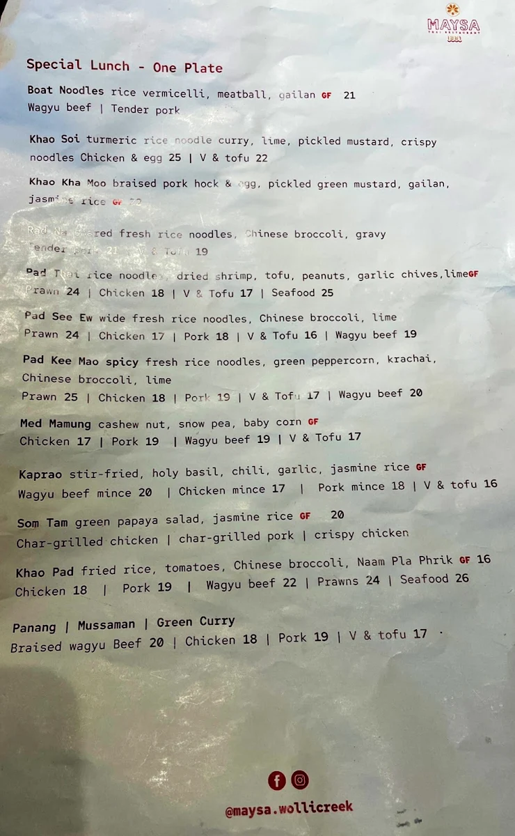 Menu, Maysa Thai Wolli Creek
