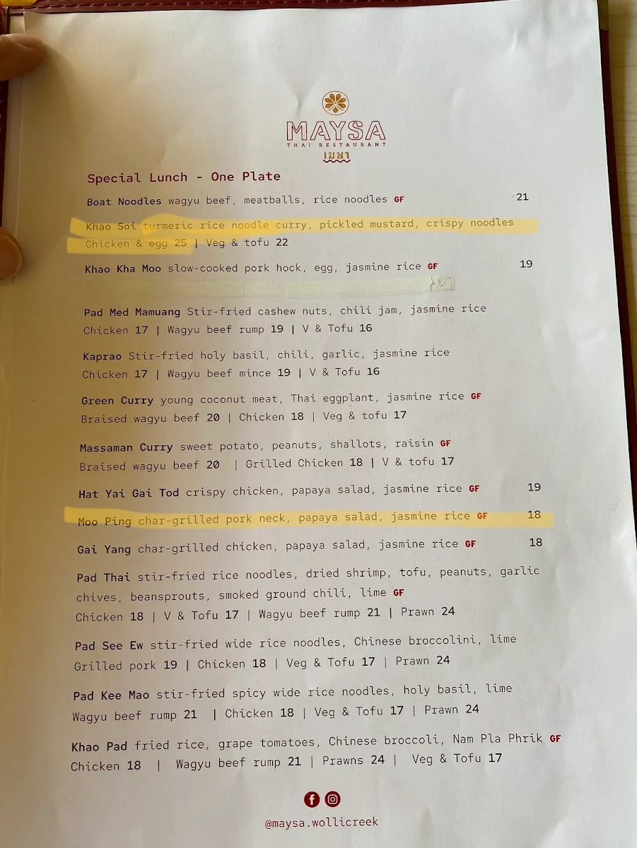 Menu, Maysa Thai Wolli Creek