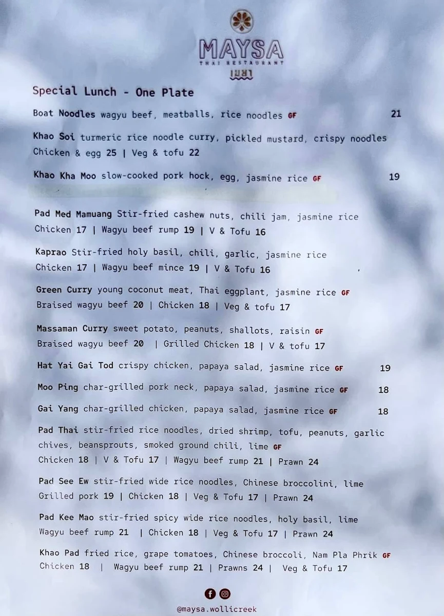 Menu, Maysa Thai Wolli Creek