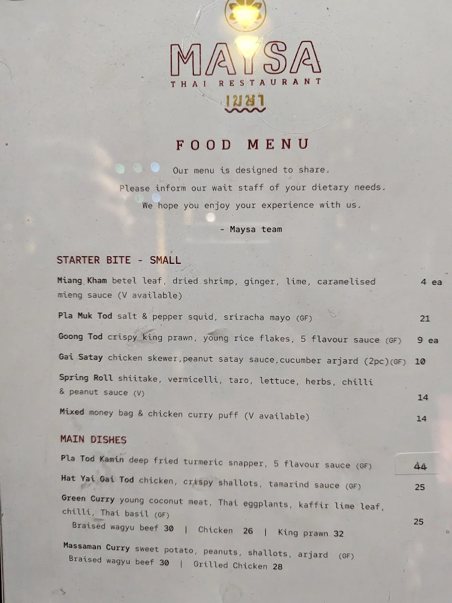 Menu, Maysa Thai Wolli Creek
