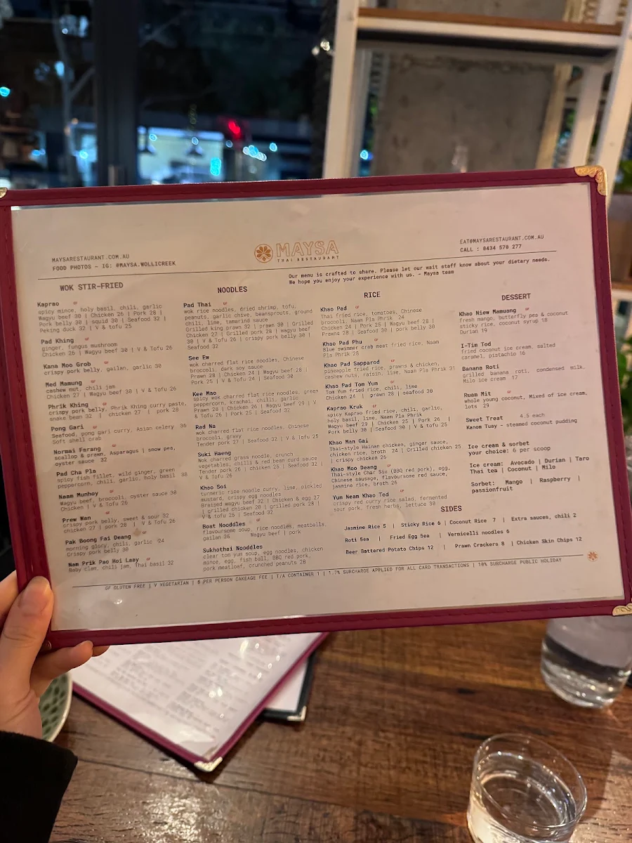 Menu, Maysa Thai Wolli Creek