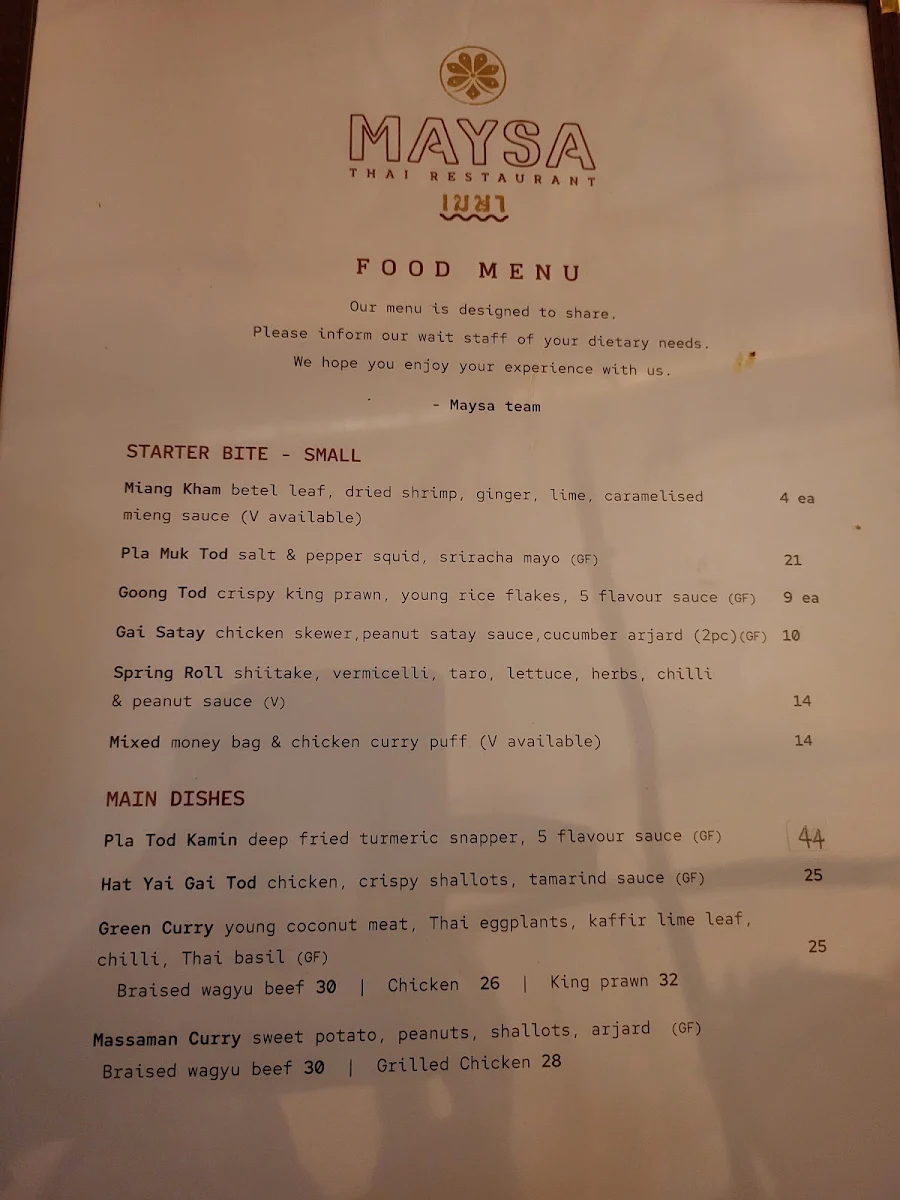Menu, Maysa Thai Wolli Creek