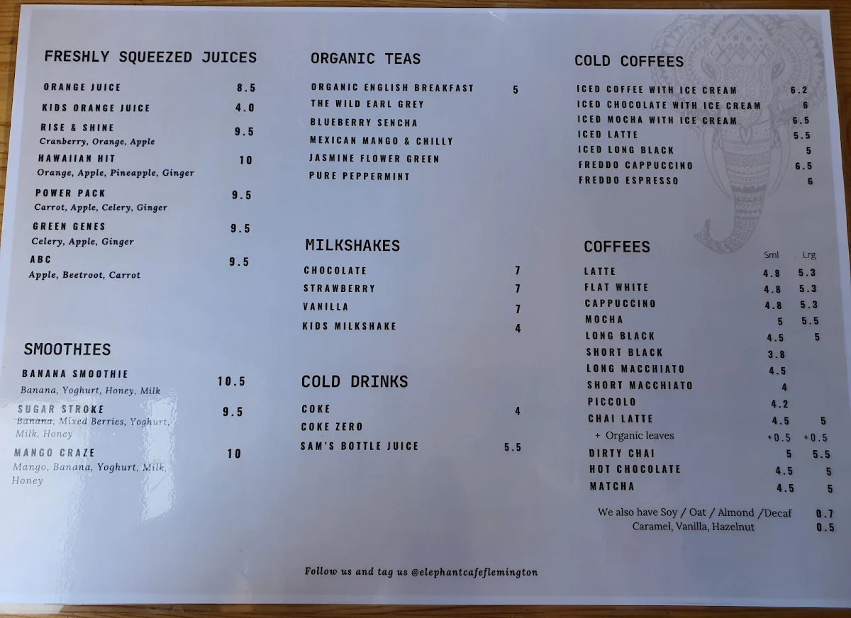 Menu, Elephant Cafe Flemington