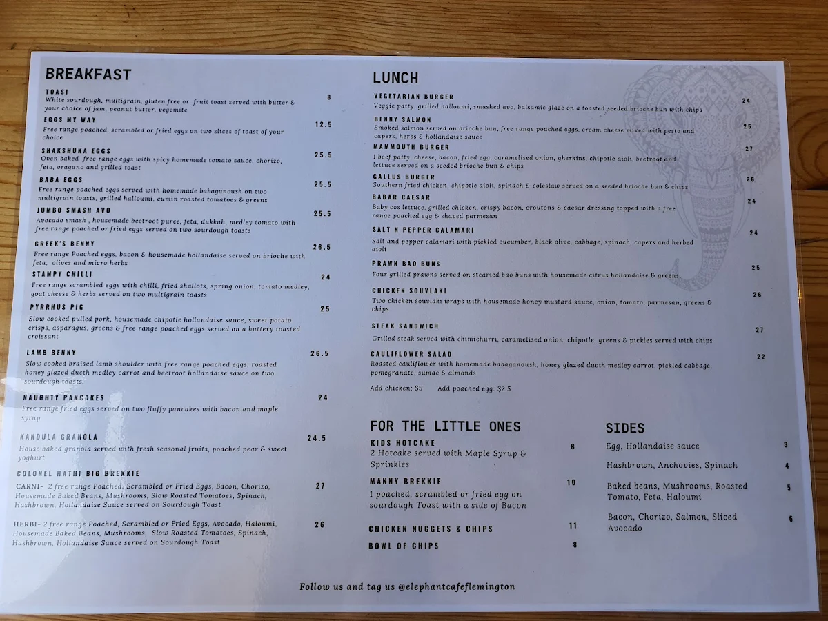 Menu, Elephant Cafe Flemington