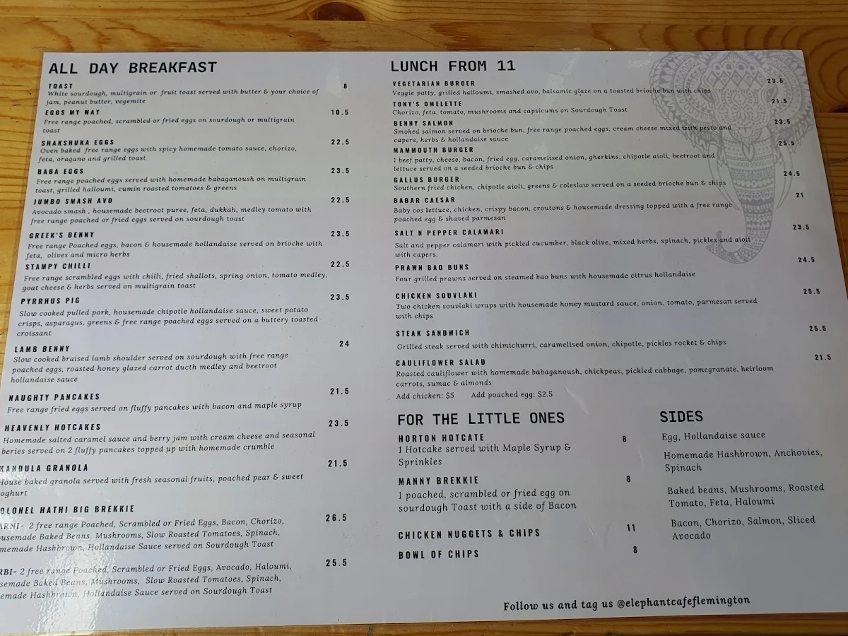Menu, Elephant Cafe Flemington
