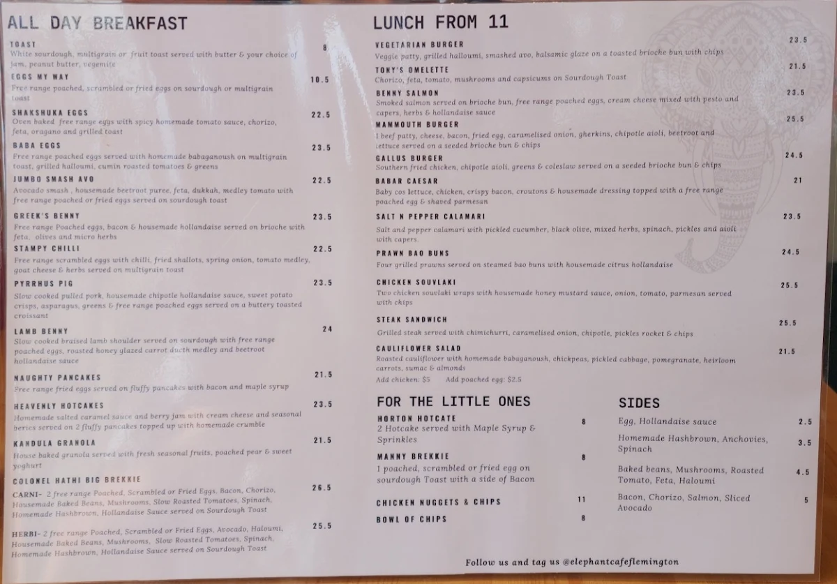 Menu, Elephant Cafe Flemington
