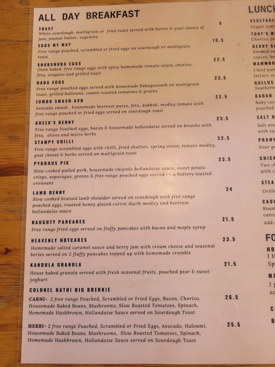 Menu, Elephant Cafe Flemington