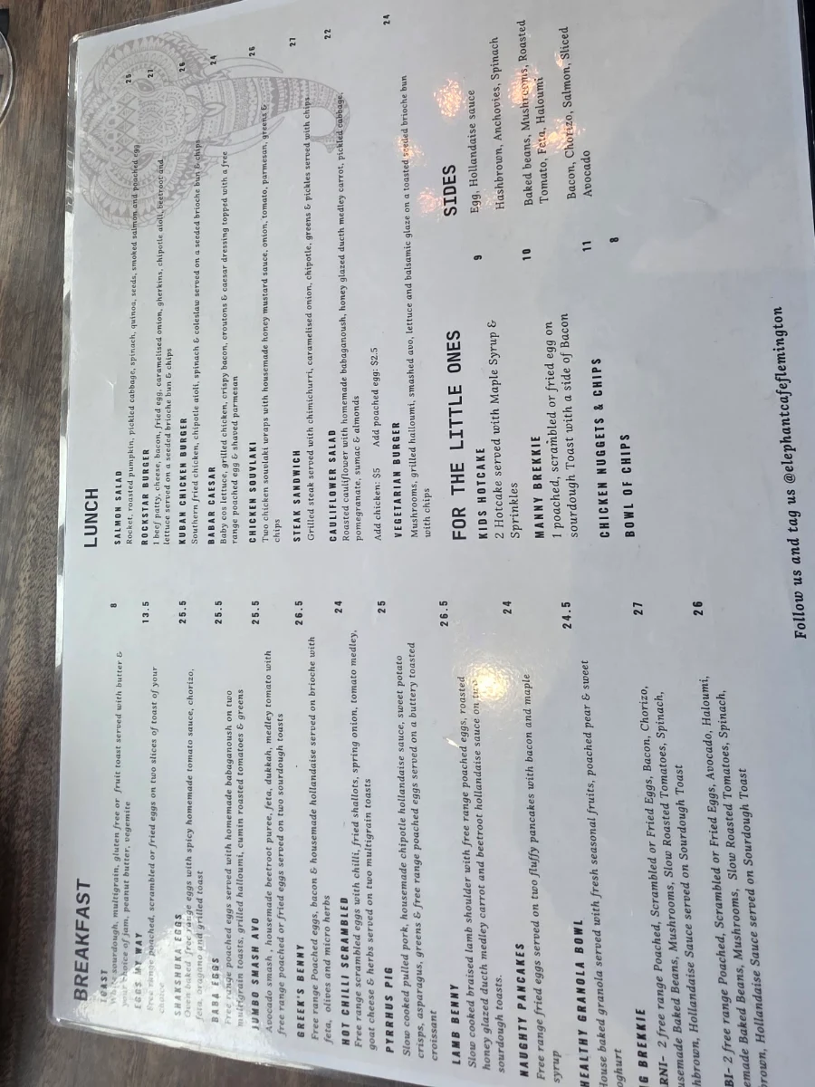 Menu, Elephant Cafe Flemington