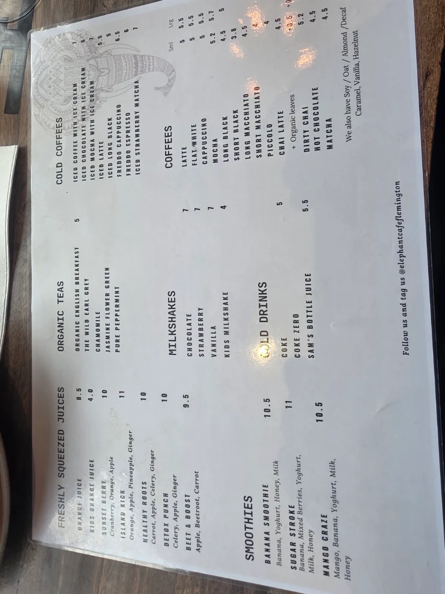 Menu, Elephant Cafe Flemington