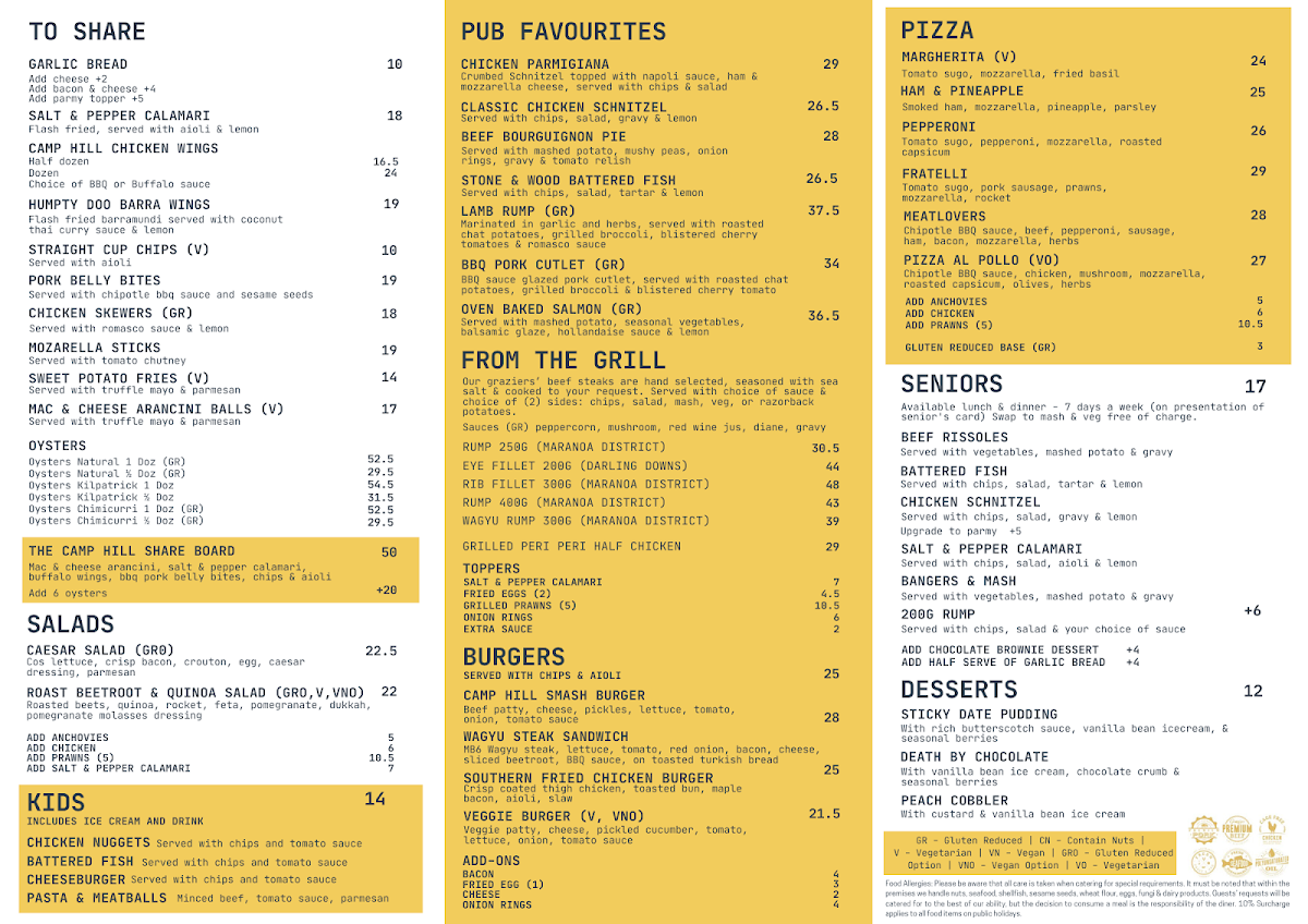 Menu, Camp Hill Hotel