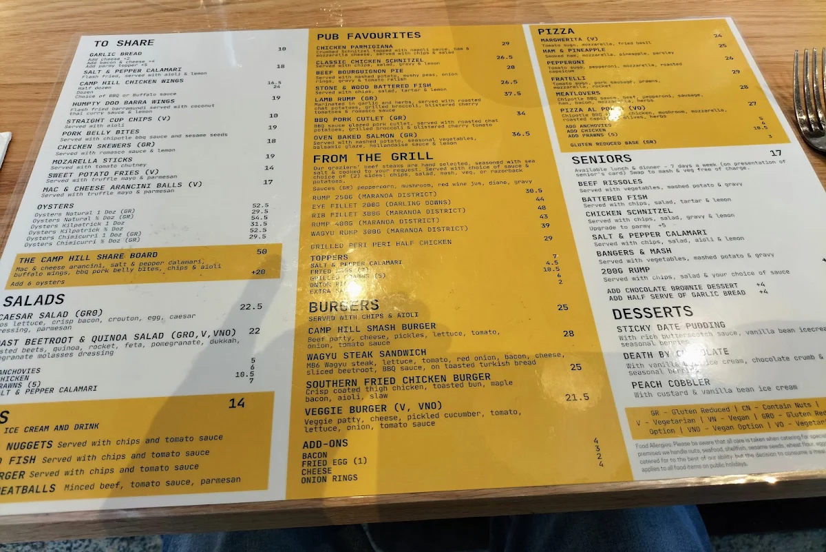 Menu, Camp Hill Hotel