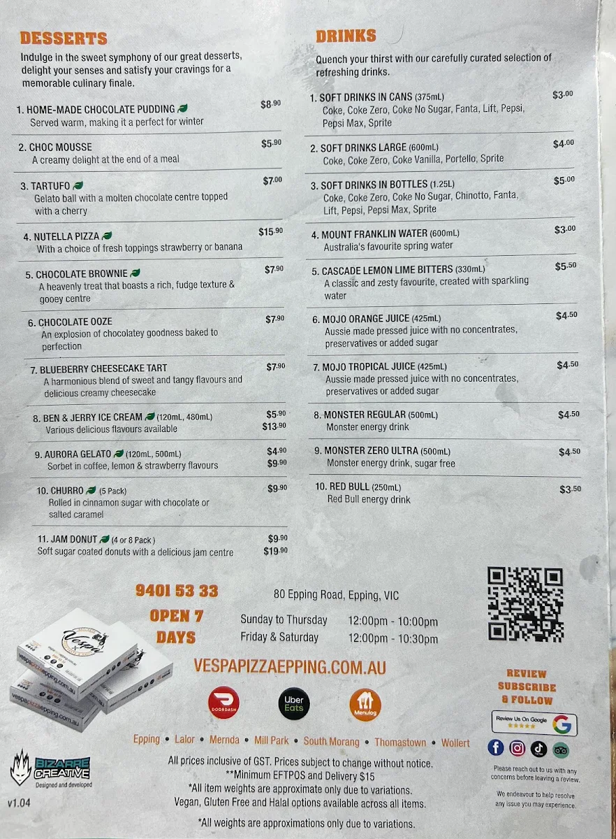 Menu, Vespa Pizza Pasta & Grill