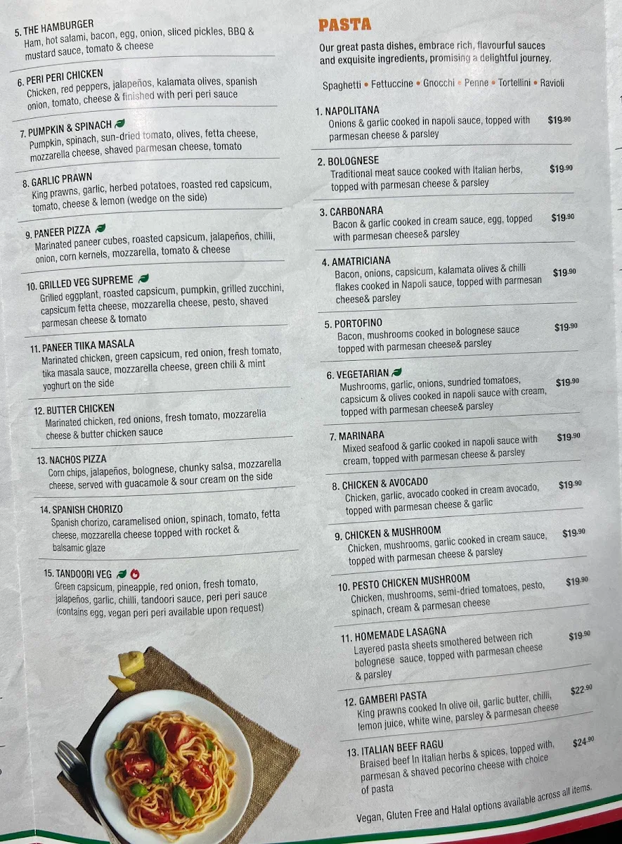 Menu, Vespa Pizza Pasta & Grill