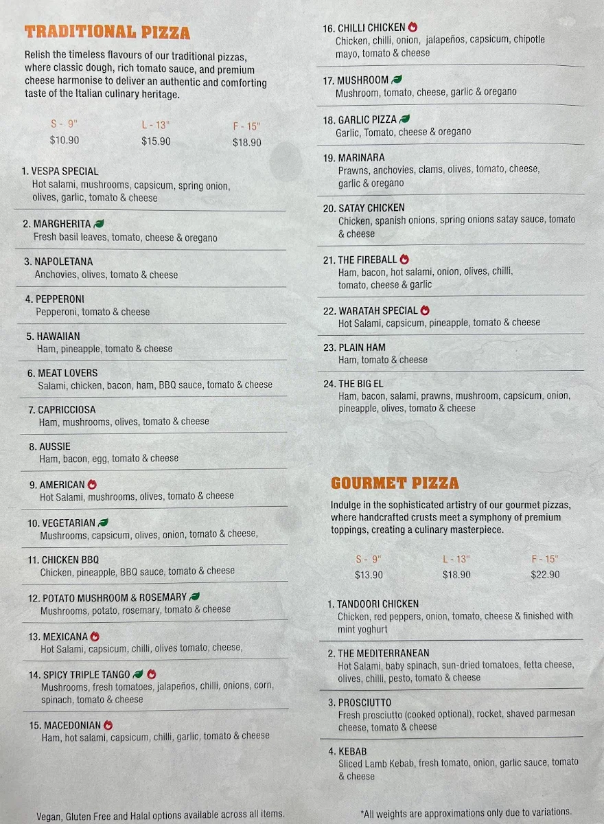 Menu, Vespa Pizza Pasta & Grill