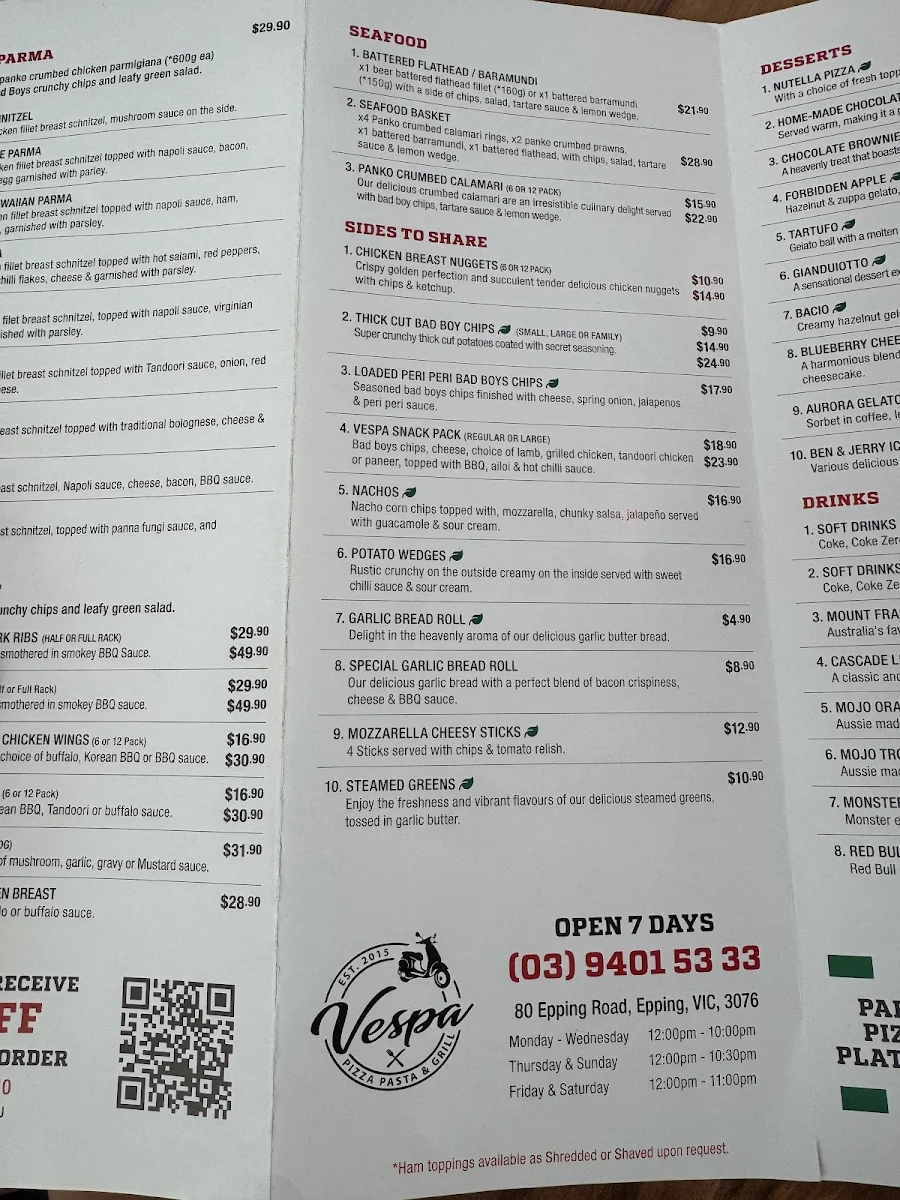 Menu, Vespa Pizza Pasta & Grill