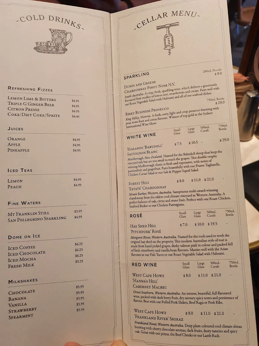 Menu, Dôme Café - Northam