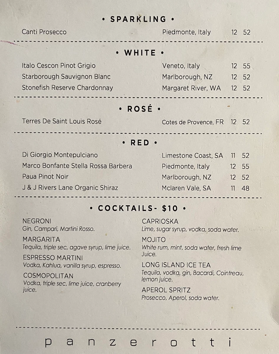 Menu, Panzerotti Bistro