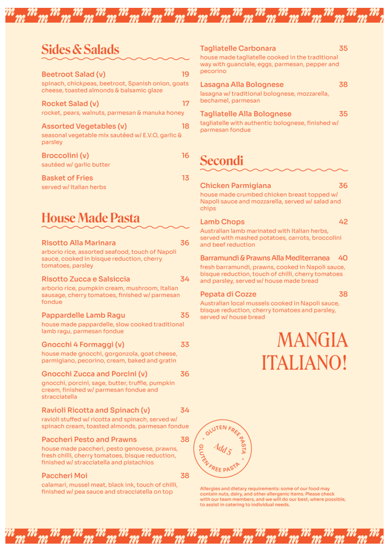 Menu, Mad over Italian - MOI Hope Island