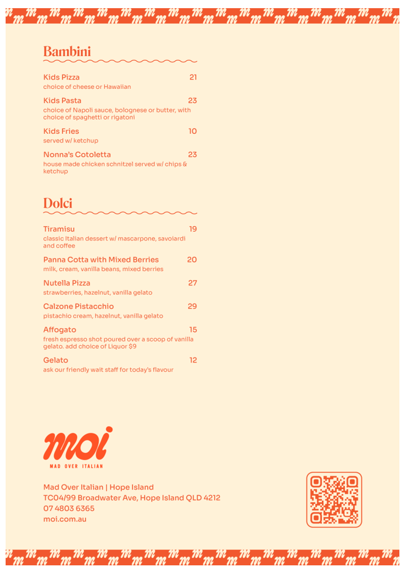 Menu, Mad over Italian - MOI Hope Island