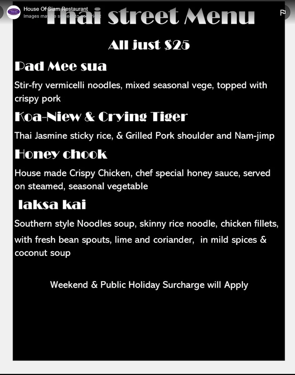 Menu, House Of Siam Thai Restaurant