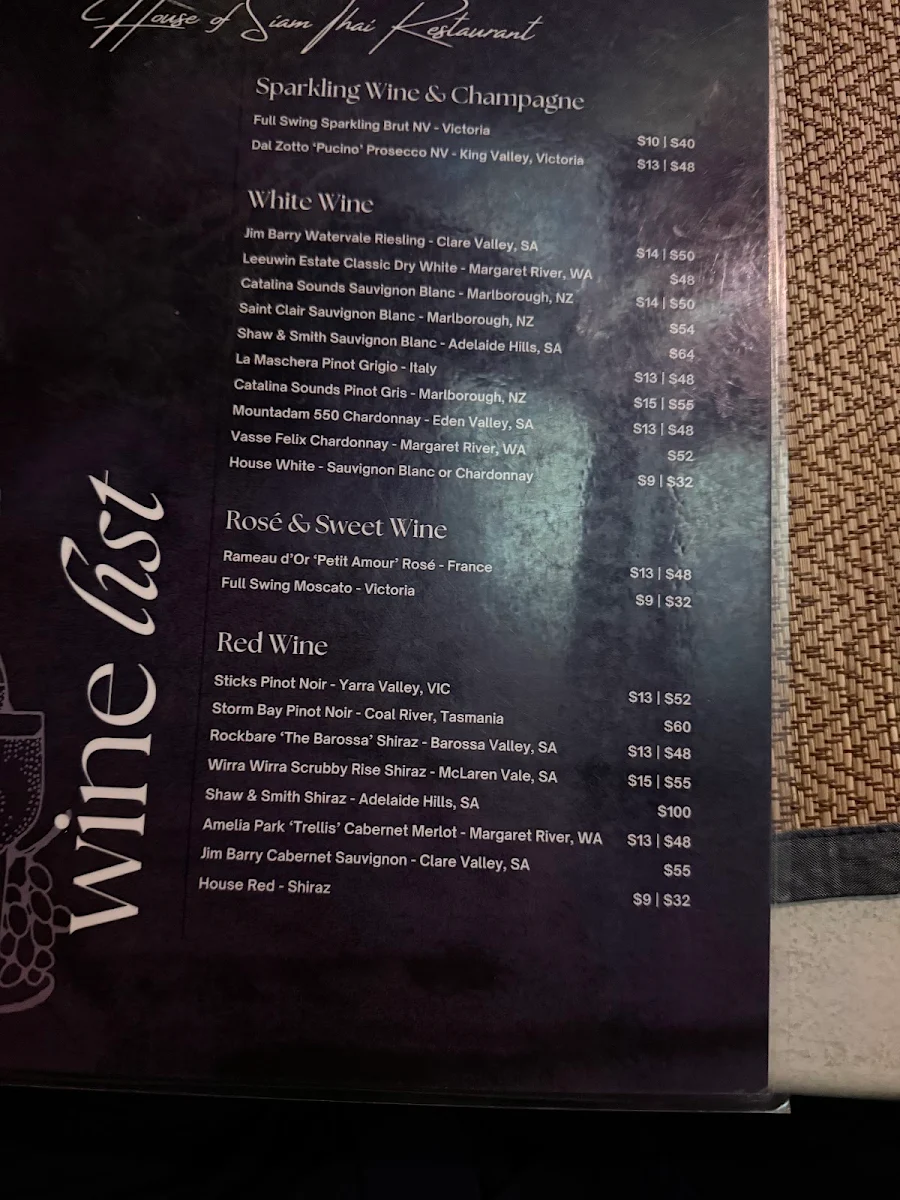 Menu, House Of Siam Thai Restaurant