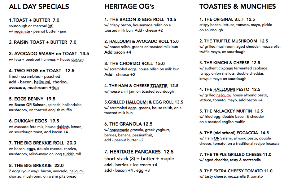 Menu, Heritage Coffee Summer Hill
