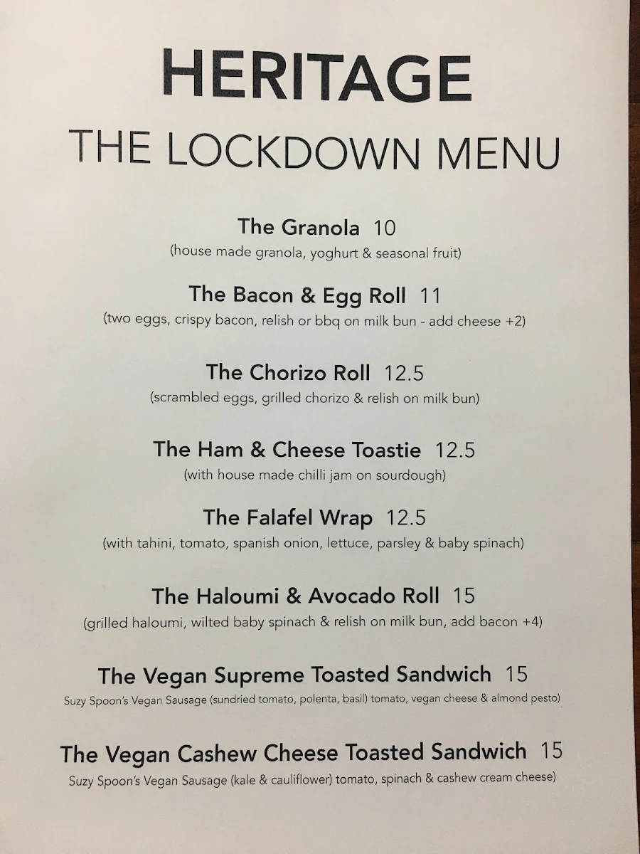 Menu, Heritage Coffee Summer Hill