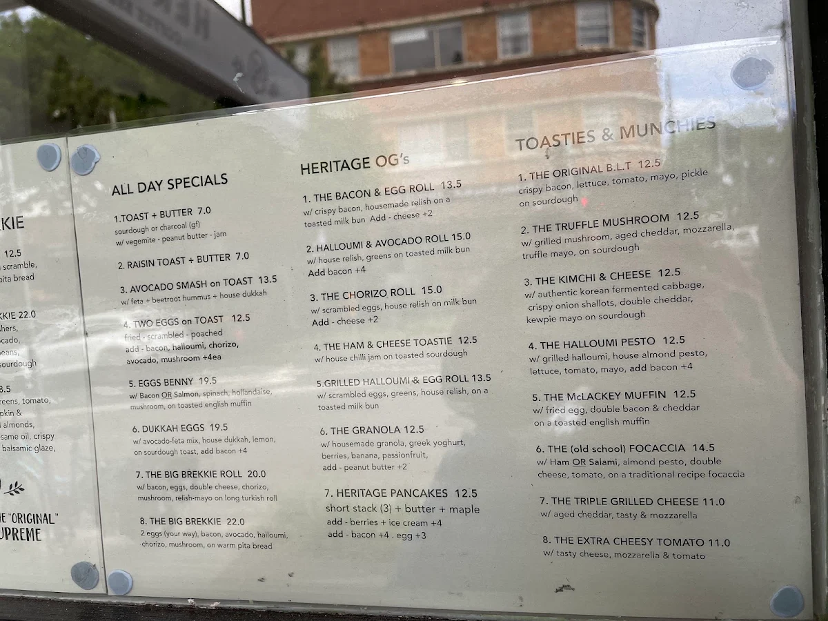 Menu, Heritage Coffee Summer Hill