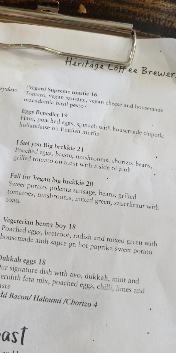 Menu, Heritage Coffee Summer Hill
