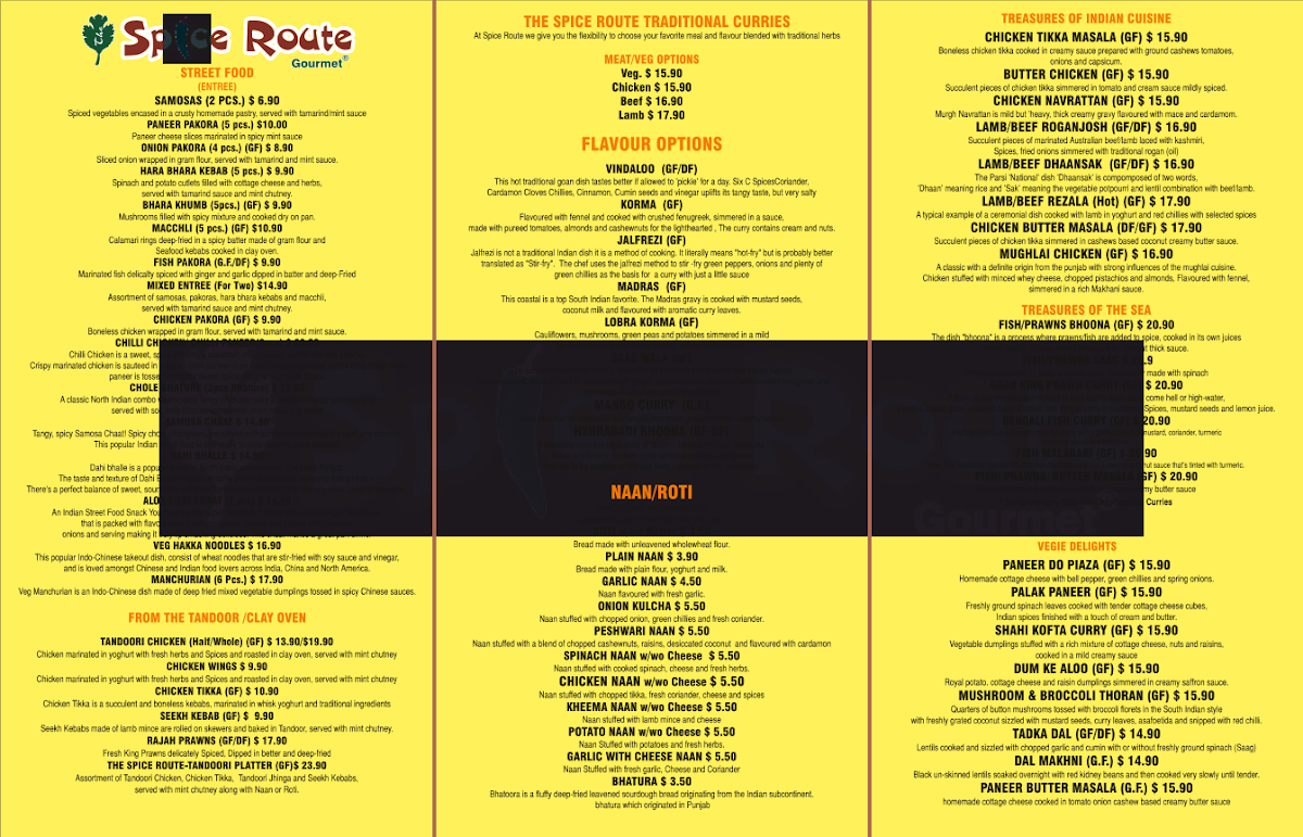 Menu, The Spice Route Gourmet