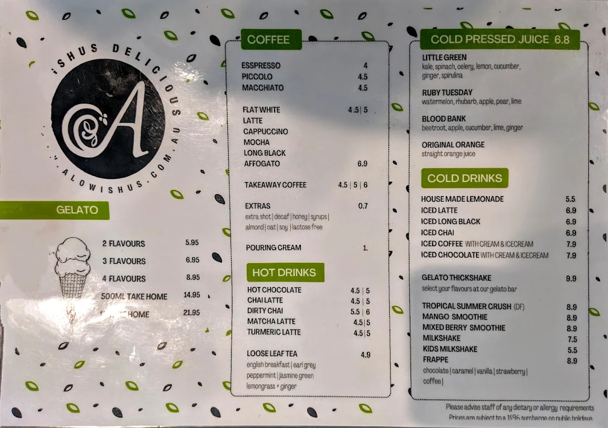 Menu, Alowishus Delicious Maryborough