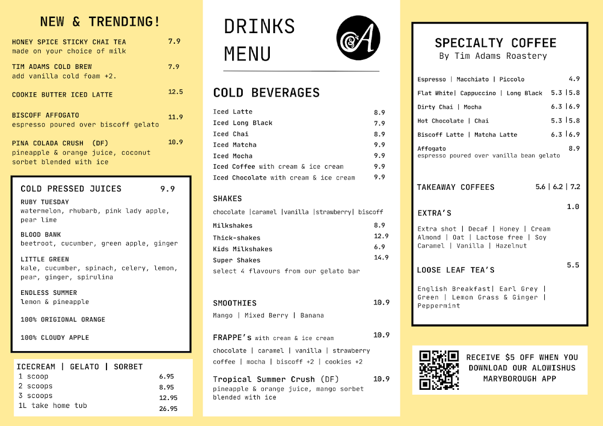 Menu, Alowishus Delicious Maryborough