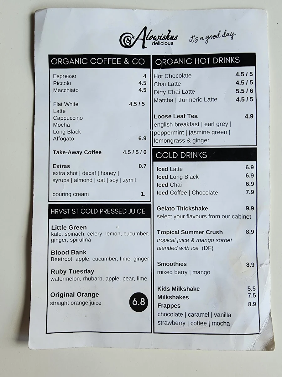 Menu, Alowishus Delicious Maryborough