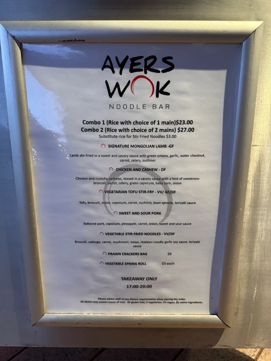 Menu, Ayers Wok