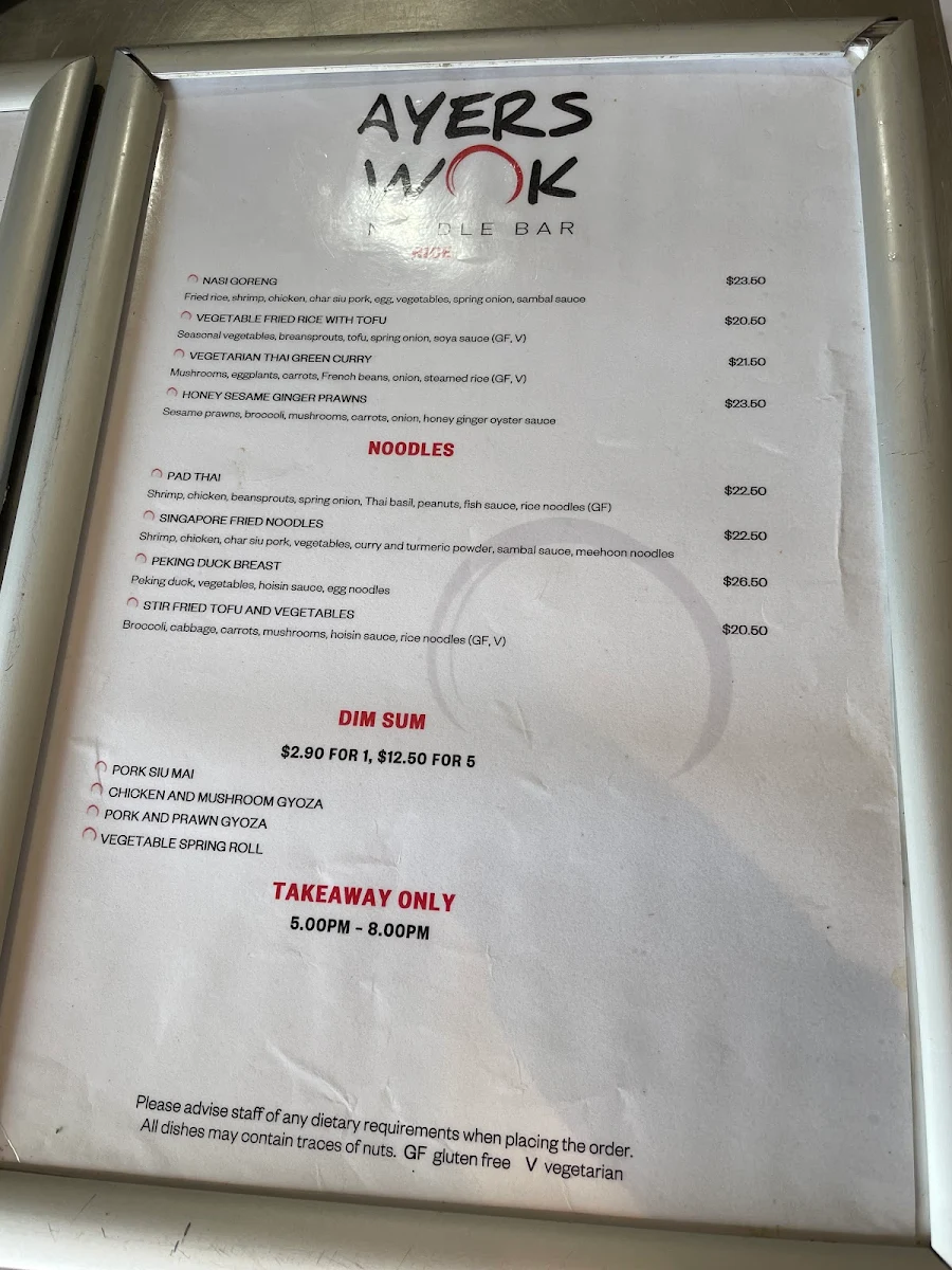 Menu, Ayers Wok