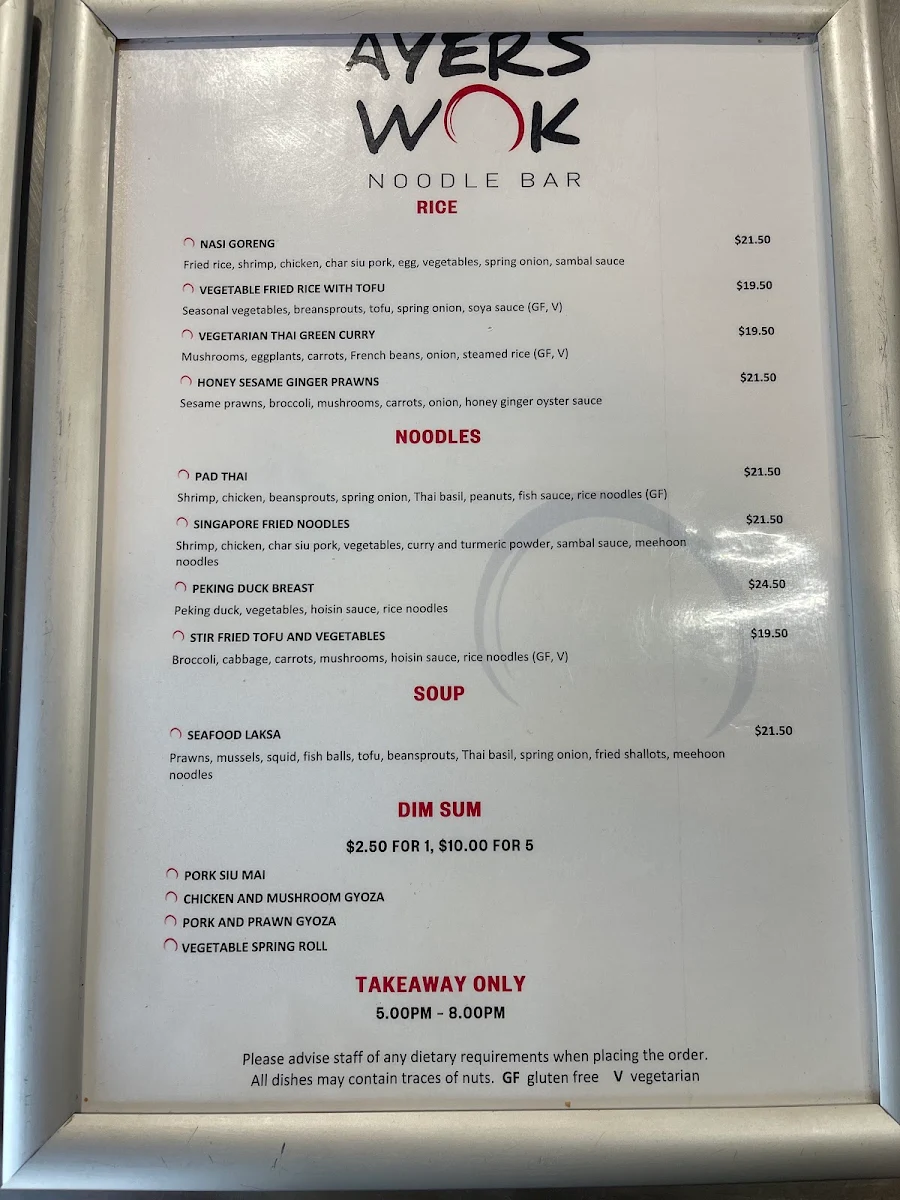 Menu, Ayers Wok