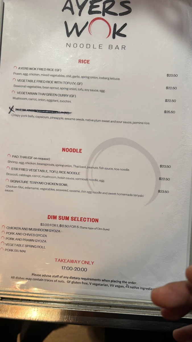 Menu, Ayers Wok