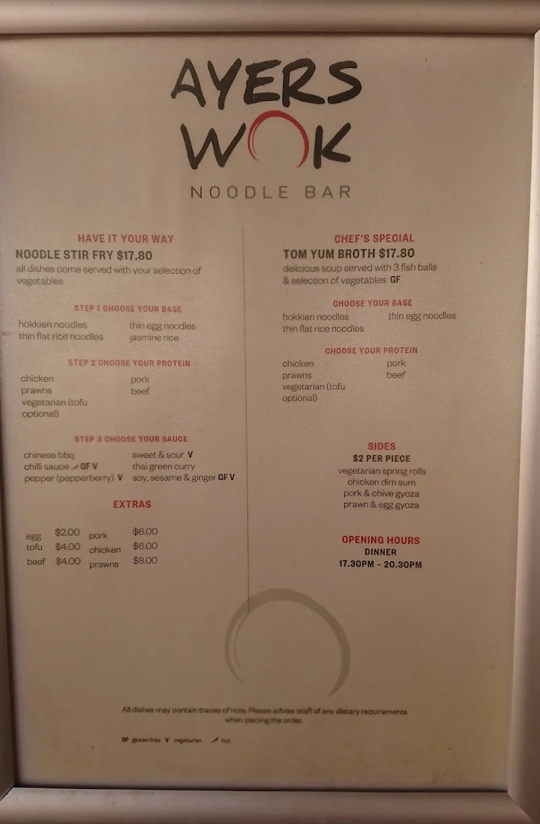 Menu, Ayers Wok